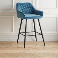 AINPECCA 1X Velvet Bars tools Fabric Upholstered seat with Backrest Armrest Black Metal Legs Kitchen Breakfast Counter Chairs Teal