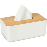 Relaxdays Boîte à mouchoirs, Distributeur lingettes salle de bains, plastique, bambou, HLP 10 x 23 x 13 cm, blanc/nature