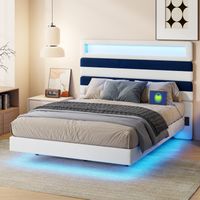 Doppelbett 140x190 cm, Samtstoff, LED-Beleuchtung + USB-Anschluss, Schwebebett-Design, gestreiftes Kopfteil, Lattenrost, Weiß