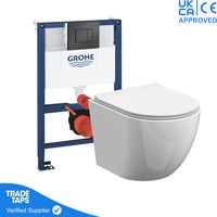 Rimless Wall Hung Toilet Pan with GROHE 0.82m Low Height Concealed Cistern Frame WC - Phantom Black Dual Flush Plate