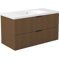 Aica Sanitaire – Ensemble meuble salle de bain 100 cm – Noyer – 2 tiroirs avec vasque céramique – Installation murale – Revêtement anti-taches