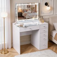 FENCHILIN Dressing table with LED lighting, dimmable, 6 drawers, 92 x 81 x 55 cm, including a vanity mirror, white