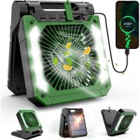 Ventilatore da campeggio da 20000 mAh, ventilatore silenzioso a 5 pale, ricarica solare/USB, ventilatore portatile con luce SOS e gancio per tenda da viaggio