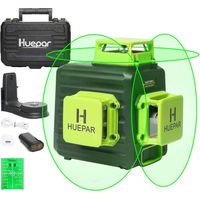 Huepar 3D Cross Line Nivel láser autonivelante 3 x 360 12 líneas Herramienta láser de nivelación y alineación de tres planos de haz verde, batería de iones de litio con puerto de carga tipo C y estuch