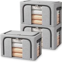 Lot de 3 Boite Rangement Vetement & Sac Rangement Vetement, 24L Pliable avec Cadre Métallique, Rangement Vetement pour Édredons, Couvertures & Vêtements - Gris