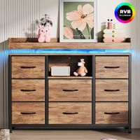 Kommode 110 cm mit 8 Stoffschubladen, Aufbewahrungsschrank mit erhöhter Ablage, Regal, LED und USB/Type-C, Schlafzimmer und Wohnzimmer, Natur