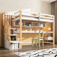 Lit mezzanine pour enfants avec grand bureau et étagères,couleurs s,naturel et blanc-Mi