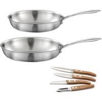 Gourmet - Lot de 2 poêles inox 24 et 28 cm, 1 coffret 4 couteaux de cuisine