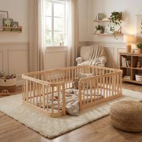 , Parc pour bébé modulaire en bois naturel 140x200cm, espacement sécurisé des barreaux de 7cm, bords arrondis, sol anti-pincement...