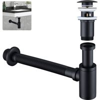 Siphon mit Ablaufgarnitur für Waschbecken Schwarz Matt Universal Röhrensiphon und Ablaufventil Bad - Messing Syphon Sifon Pop Up Abflussgarnitur Abfluss Waschtisch