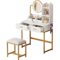 Toeletta con specchio a LED e sgabello, prese elettriche, 2 cassetti + 2 ripiani aperti 80 × 138,5 × 40 cm, CJHXE