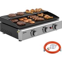 Barbecue à gaz portable 7,5 kW avec 3 brûleurs, revêtement céramique, grille de cuisson et support de maintien au chaud.