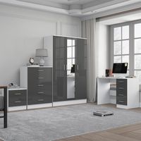 Reflect 3 Door Mirror Wardrobe, 5 Drawer Chest, 2 Drawer Bedside & Desk - Grey Gloss & Matt White - Modern Bedroom Furniture Set