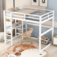 Lit mezzanine 140x200cm - lit enfant avec rangement, 4 compartiments et plateau de bureau - pin, blanc