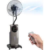 Ventilateur brumisateur avec réservoir de 3,1 L. 3 modes et 3 vitesses. Roulettes. Oscillation à 70°. Inclinaison à 10°. Minuterie 12 heures. 90 W.