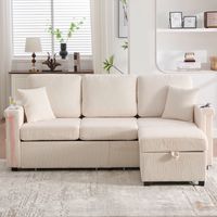 Canapé 194 x 73 x 81cm avec LED, charge USB-C, repose-pieds rangement, porte-gobelets, poches latérales, pour salon bureau, velours, beige