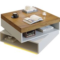 Table basse 65 x 65 x 40 cm carrée pivotante à 360°, avec LED et espace de rangement ouvert, table de salon, table d’appoint, idéale pour petits espaces,Blanc + Bois