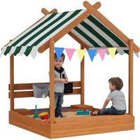 Sabbiera Irovami con parasole, a forma di casetta, con set di giochi, realizzata in legno massello trattato, 124 x 116 x 146 cm, verde
