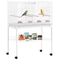 Jaula para Pájaros con Divisor Comederos Bandeja Extraíble y Soporte para Canarios y Periquitos 94x57x57/128 cm Blanco