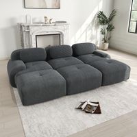 Canapé 3 places, canapé droit pour salon et chambre, haute élasticité, velours côtelé, 298×178×70cm, 3 repose-pieds, gris