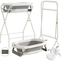 Baignoire bébé 3en1 – Pliable – Gris – Support + thermomètre + oreiller – Nouveau-né à 24 mois