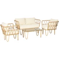 Ensemble salon de jardin canapé 2 places + 2 fauteuils + 1 table basse plateau verre trempé 7 coussins écru