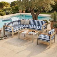 Salon 6 de jardin places en alu crème et bois, housse à rayures bleues