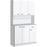 Free Standing Kitchen Storage Cabinet with 6 Doors and Drawer, Adjustable Shelves, Open Countertop for Dining Room, White Finish