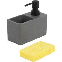 Dishwasher dispenser, soap dispenser, natural stone look with sponge compartment (included), refillable, capacity approx. 200 ml, 16 x 16 x 8.5cm, dark gray
