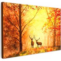 QUADRO SU TELA Natura - Colore ad olio - Cervi - Animali - Autunno - Arancione 120x80 cm
