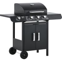 Barbecue a Gas con Coperchio, 4 Bruciatori da 11.6kW, Fornello, Mensola e 2 Ruote, 110x50x100cm Nero