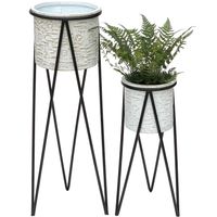 DanDiBo Blumenhocker mit Topf Metall Schwarz Weiß 2er Set Blumenständer 96043 Blumensäule Modern Pflanzenständer Pflanzenhocker