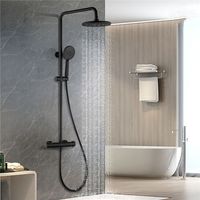 Duschsystem mit thermostat Schwarz Dusche Armatur Duschset mit XXL Kopfbrause, 3 Strahlarten Handbrause, Regendusche Höhenverstellbar Duschsäule Schwarz mit Anti-Verbrühungs-Duschsystem