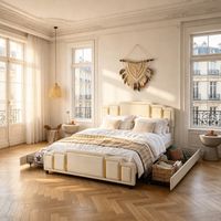 Cama tapizada de 160x200 cm con 4 cajones e iluminación LED, cama doble moderna con acabados dorados, cama funcional con sincronización de música y control por aplicación, aspecto de lino beige, colch