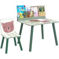 Set Sedia e Tavolino per Bambini con Ripiano Portaoggetti, in MDF e Legno di Pino, Verde