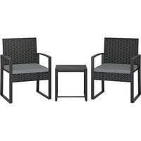 Conjunto de Muebles de Jardín de Ratán Sintético con 2 Sillas con Cojines Extraíbles y Mesa con Tablero de Vidrio Gris
