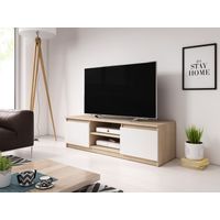 Bratex – Meuble TV DINGO 120 cm – Éclairage LED inclus – Panneau stratifié 15 mm – 2 placards et 2 étagères – Couleur sonoma/blanc brillant
