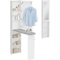 HOMCOM mueble de plancha con espejo, tabla de planchar plegable, mueble planchador con 6 compartimentos, 2 ganchos, 107x35x174 cm, blanco