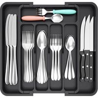 Noir Rangement Couvert pour Tiroir, Range Couvert Extensible, Organisateur Couverts Tiroir Cuisine, Boite Rangement, Bac Rangement Couvert Pour Cuillères, Fourchettes, Couteaux