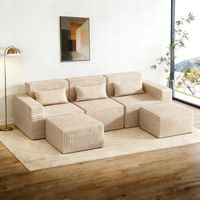 258cm Canapé Modulable en Forme de U Canapé D'angle Compressé Convertible Canapé-Lit Sans Ossature Velours Cotelé Mousse à Mémoire de Forme Accoudoirs aux Salons Chambre Coucher Beige 3 Places&Poufs