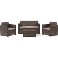 Salon de jardin Nebraska II – Ensemble avec table, 2 fauteuils et canapé – Rattan effet brun – Coussins en polypropylène – Salmar