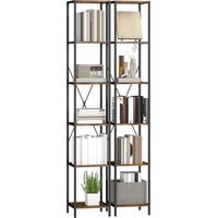 2er-Set 6-Ebenen-Bücherregal, Stahlrahmen, für Wohnzimmer, Büro, Schlafzimmer, Rustikal-Braun
