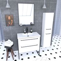 Set Mobile Bagno 80x50 cm Bianco - 2 Cassetti - Lavabo Bianco + Specchio Nero Opaco