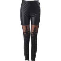 Leggings en similicuir avec empiècements en dentelle, pantalon taille haute pour femme, collant fin (noir, taille M)-M-Black