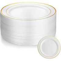 50 Pièces Assiette 20cm Assiette Plastique Reutilisable Avec Bordure Dorée Assiettes en Plastique Blanc Assiettes pour Mariages