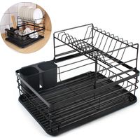 Escurreplatos de 2 niveles - Escurreplatos con cesta para cubiertos y bandeja recogegotas para cocina - Negro - 43 x 32 x 27 cm