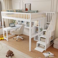 Letto A Soppalco 140 x 200 Cm Con LED, Scala Di Stoccaggio, Scaffali E Scrivania, Senza Materasso, In Legno, Bianco