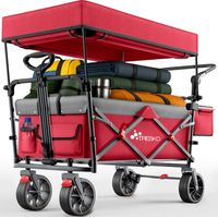 TRESKO® Bollerwagen Faltbar mit Dach Rot, Kühlfach & Seitenrollos Handwagen max. belastbar bis 150kg Transportwagen mit Vollgummireifen & Feststellbremsen (Vorne & Hinten) und 3-Punkt-Gurt