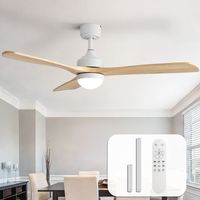 Ventilatore da soffitto in legno Sofucor da 132 cm con luce e telecomando – Moderno, discreto, a filo soffitto e silenzioso – Montaggio a filo soffitto o a sospensione – Bianco e Giallo