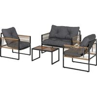 Canapé de jardin ratan synthétique 2 places avec 2 fauteuils et table basse, coussins gris